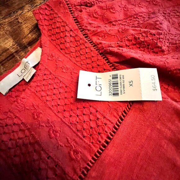 Loft Crochet Detailed Long Sleeve Red Cotton Peasant Blouse XS NWT - Picture 7 of 8